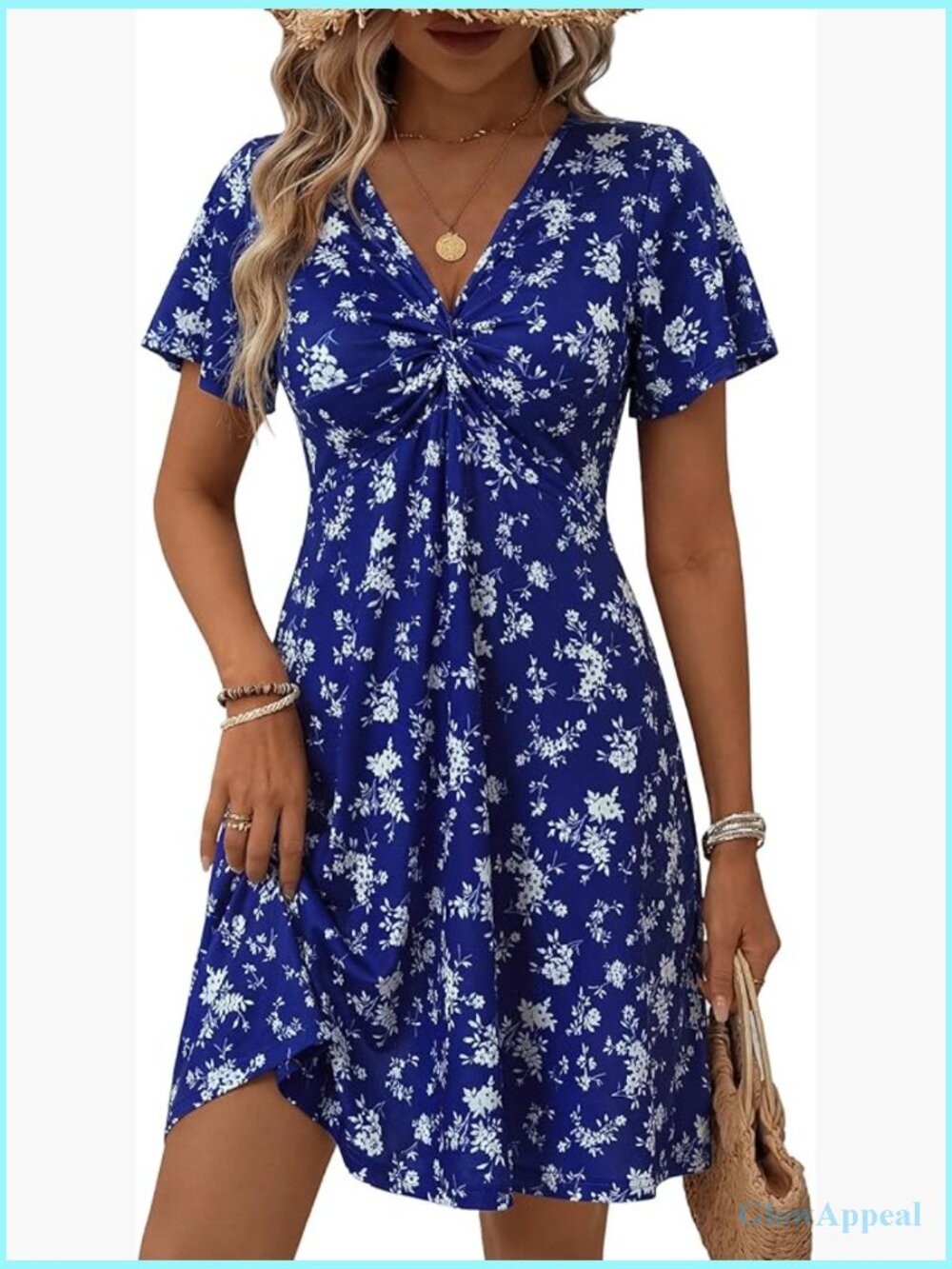 V Neck Knot Front Dress Summer Ruffle Short Sleeve Floral Sundress
